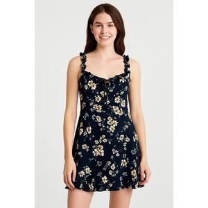 FAVLUX Floral Ruffle Mini Dress Women’s XL Navy Blue Sleeveless Summer Sundress